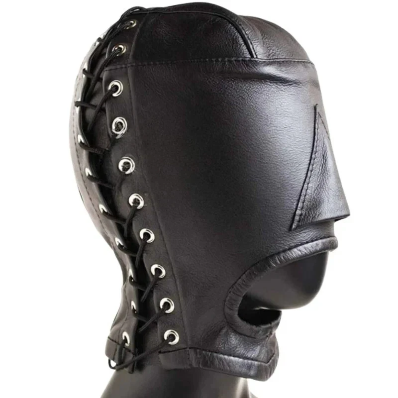 Profile view of black genuine leather open-mouth hood on a mannequin with covered eyes, shaped nose panel and rear cord lacing through eyelets.
