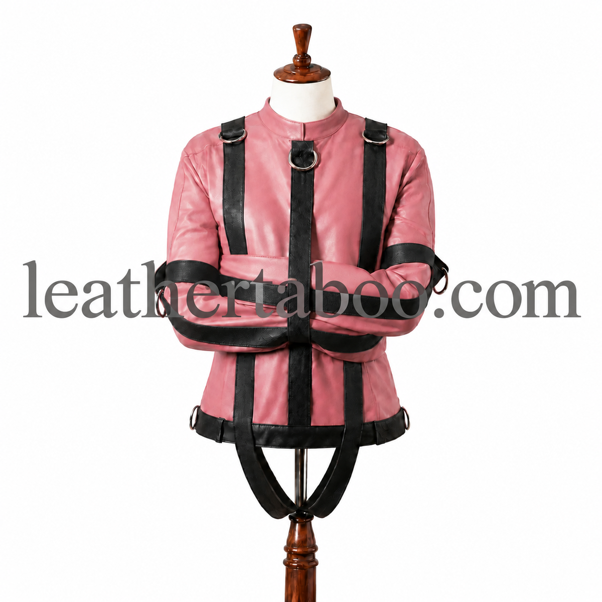 Front view of a rose pink genuine leather straitjacket with black shoulder, waist and sleeve straps, silver D-rings and a high collar.