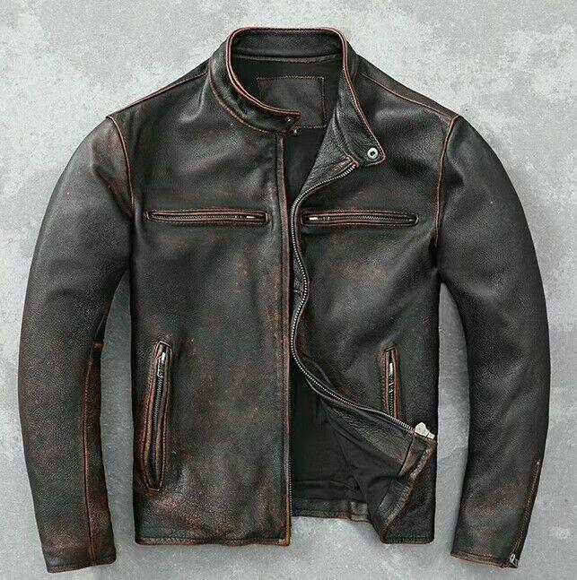 Men's Motorcycle Distressed Vintage Cafe Racer Black Genuine Leather Biker Jacket