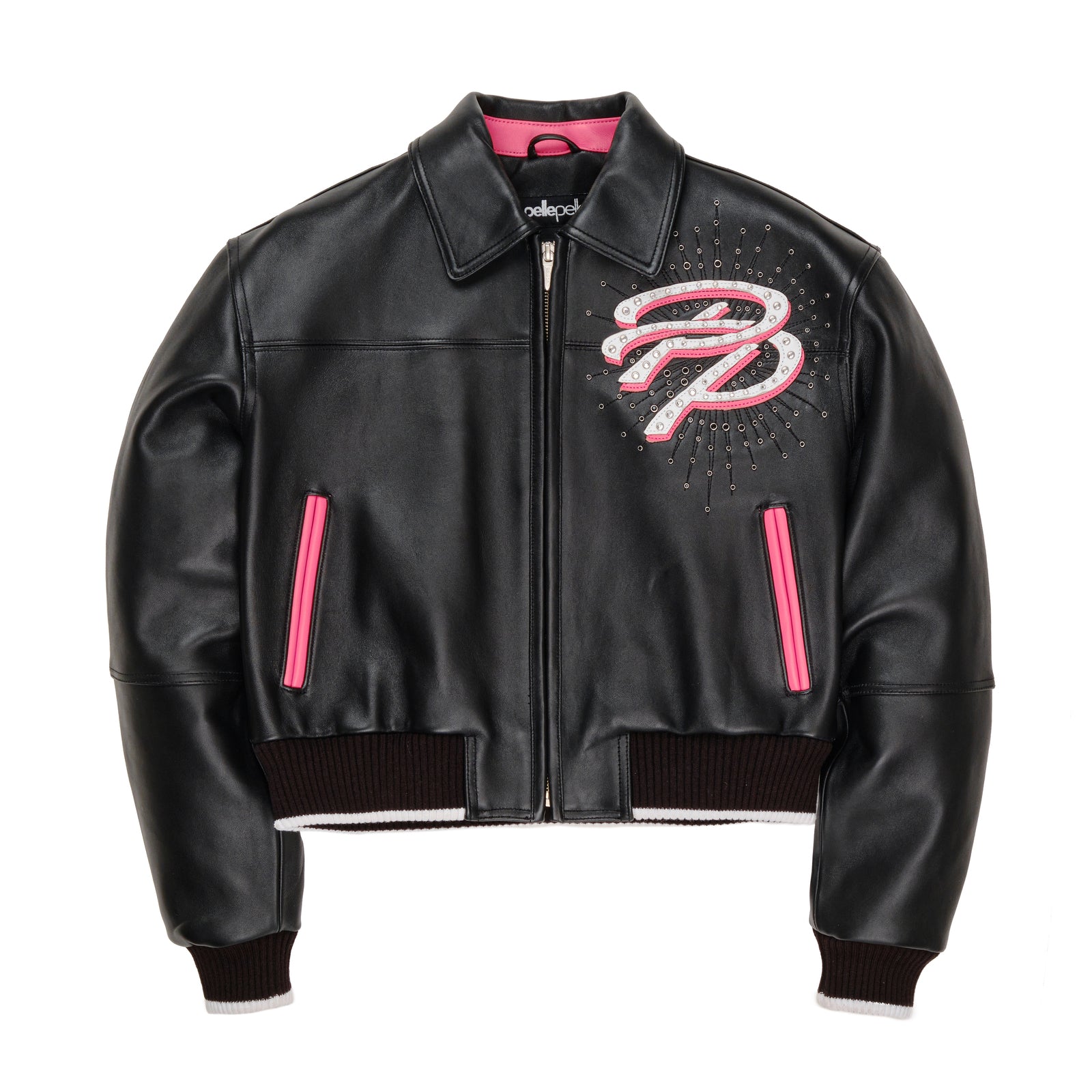 Women’s Black Pelle Pelle Cowhide Leather Jacket with Pink Accents – Premium Designer Streetwear