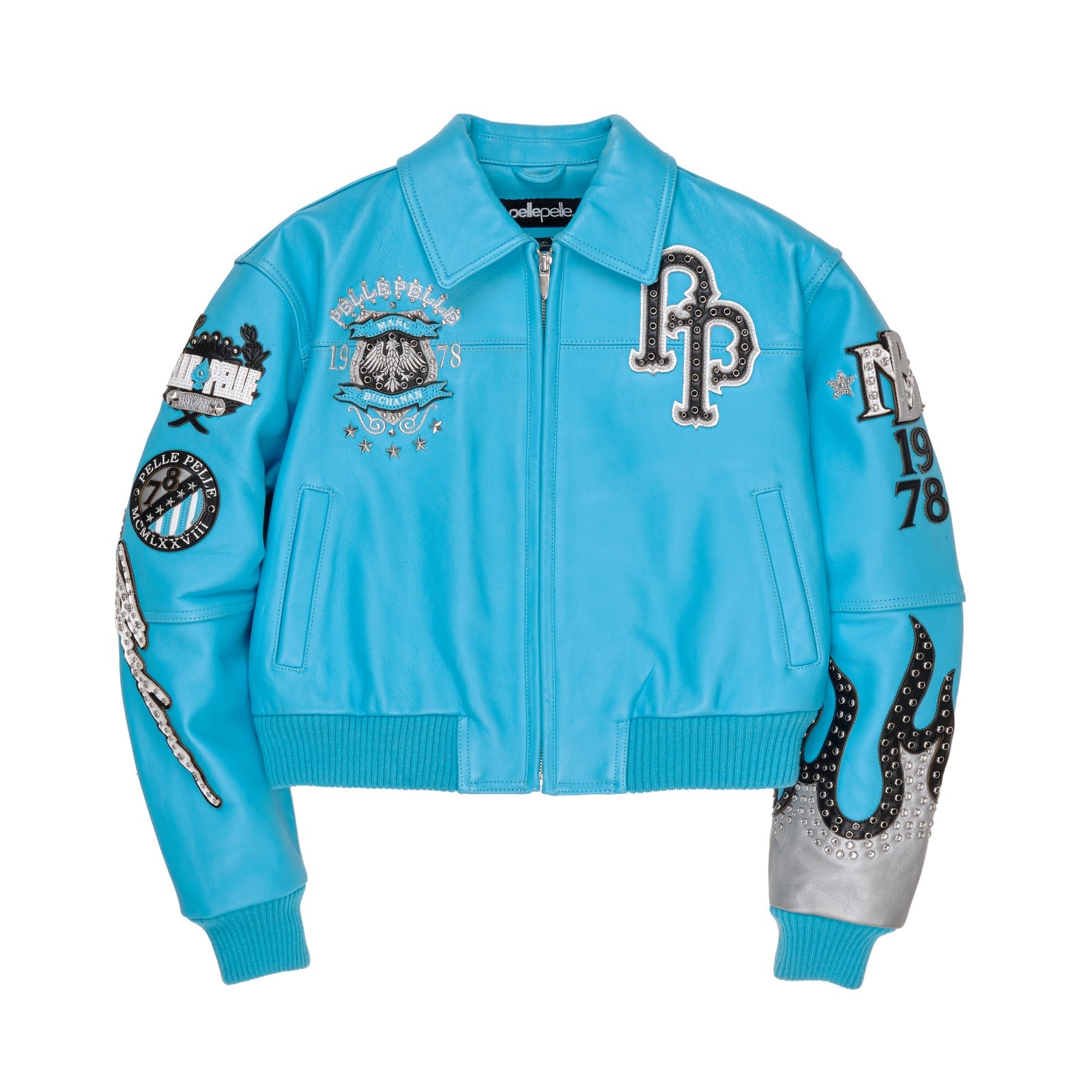 Pelle Pelle Turquoise Cowhide Leather Jacket for Women – Embellished Bomber with Studded Art Patches