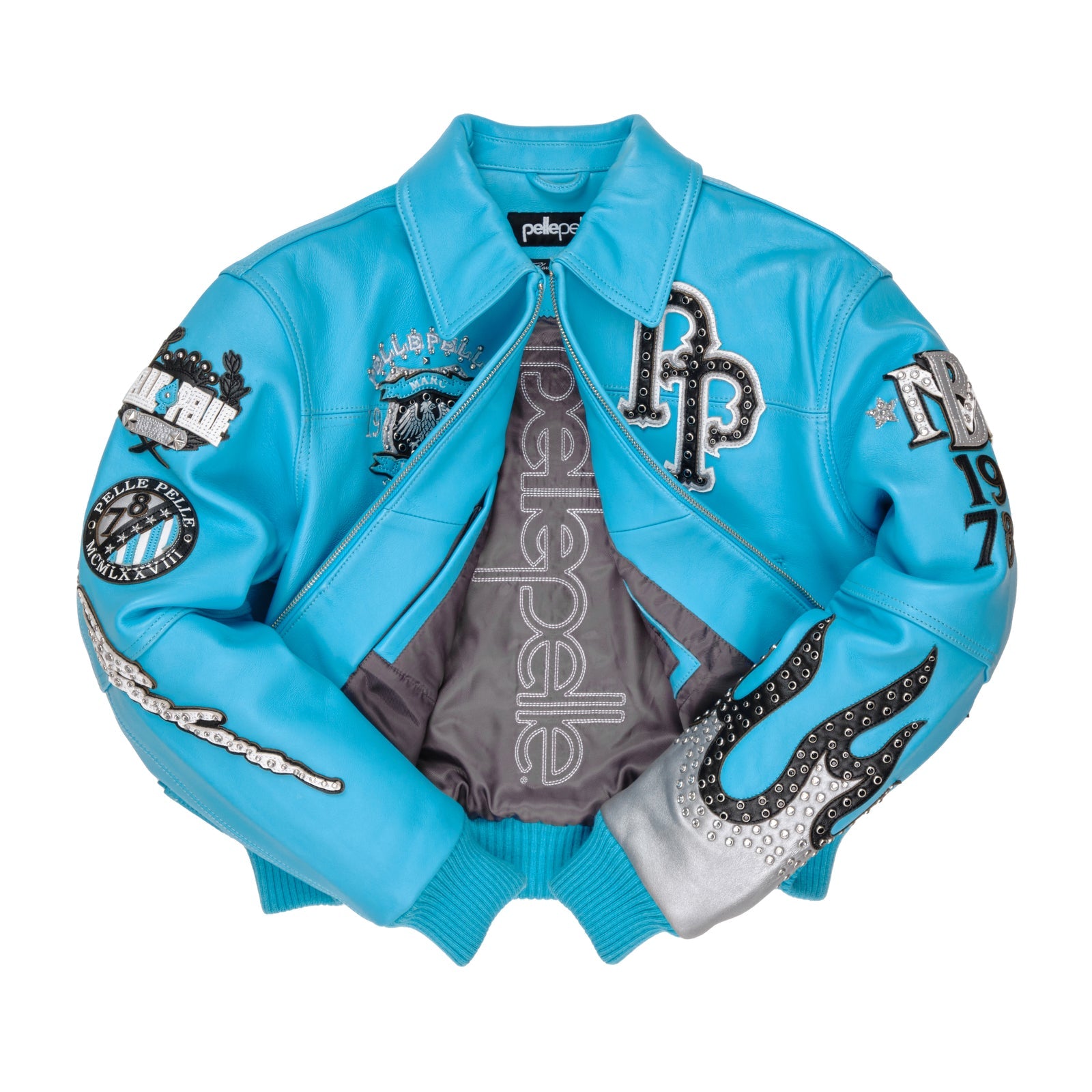 Pelle Pelle Turquoise Cowhide Leather Jacket for Women – Embellished Bomber with Studded Art Patches
