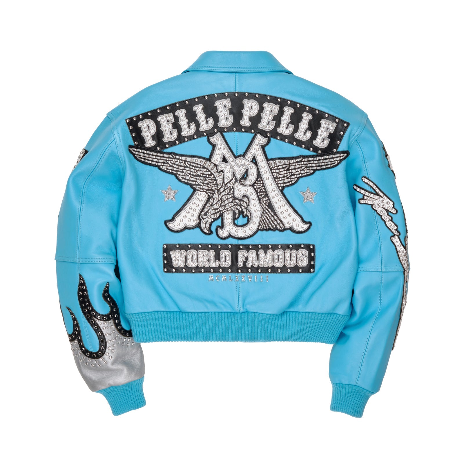 Pelle Pelle Turquoise Cowhide Leather Jacket for Women – Embellished Bomber with Studded Art Patches
