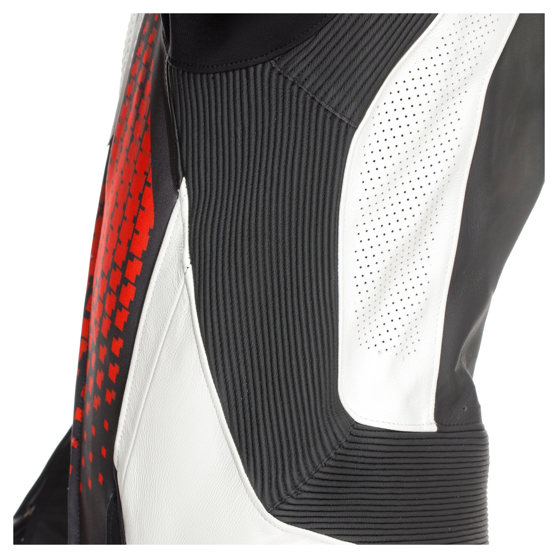 Dainese motorcycle racing suit featuring CE armor padding and aerodynamic biker styling in black white red.