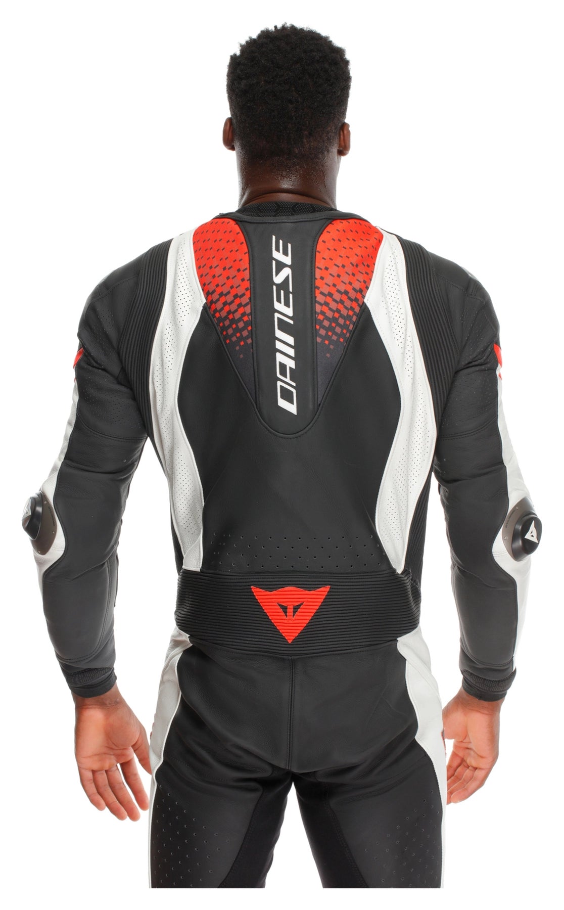 Dainese motorcycle racing suit featuring CE armor padding and aerodynamic biker styling in black white red