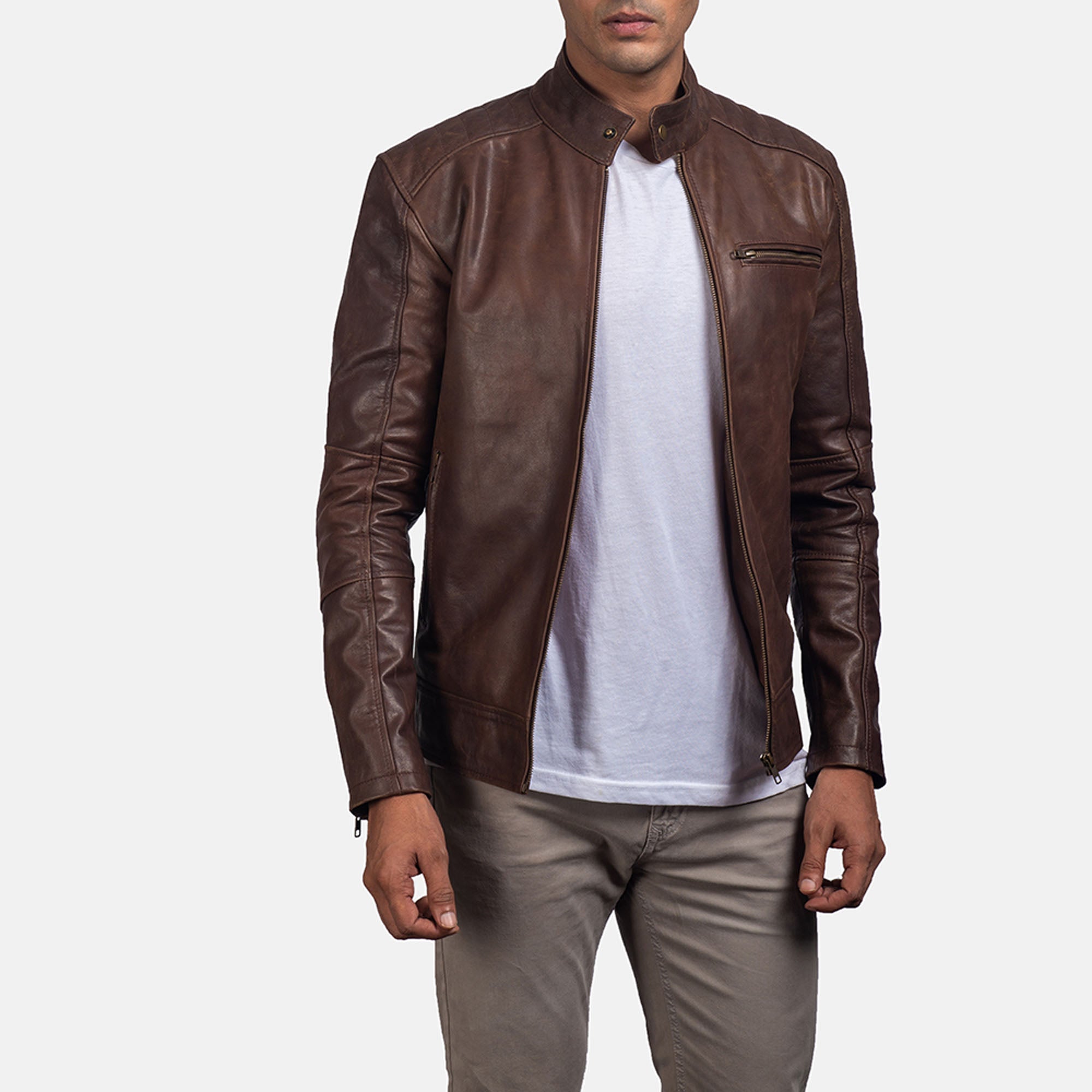 Dean brown leather biker jacket front view