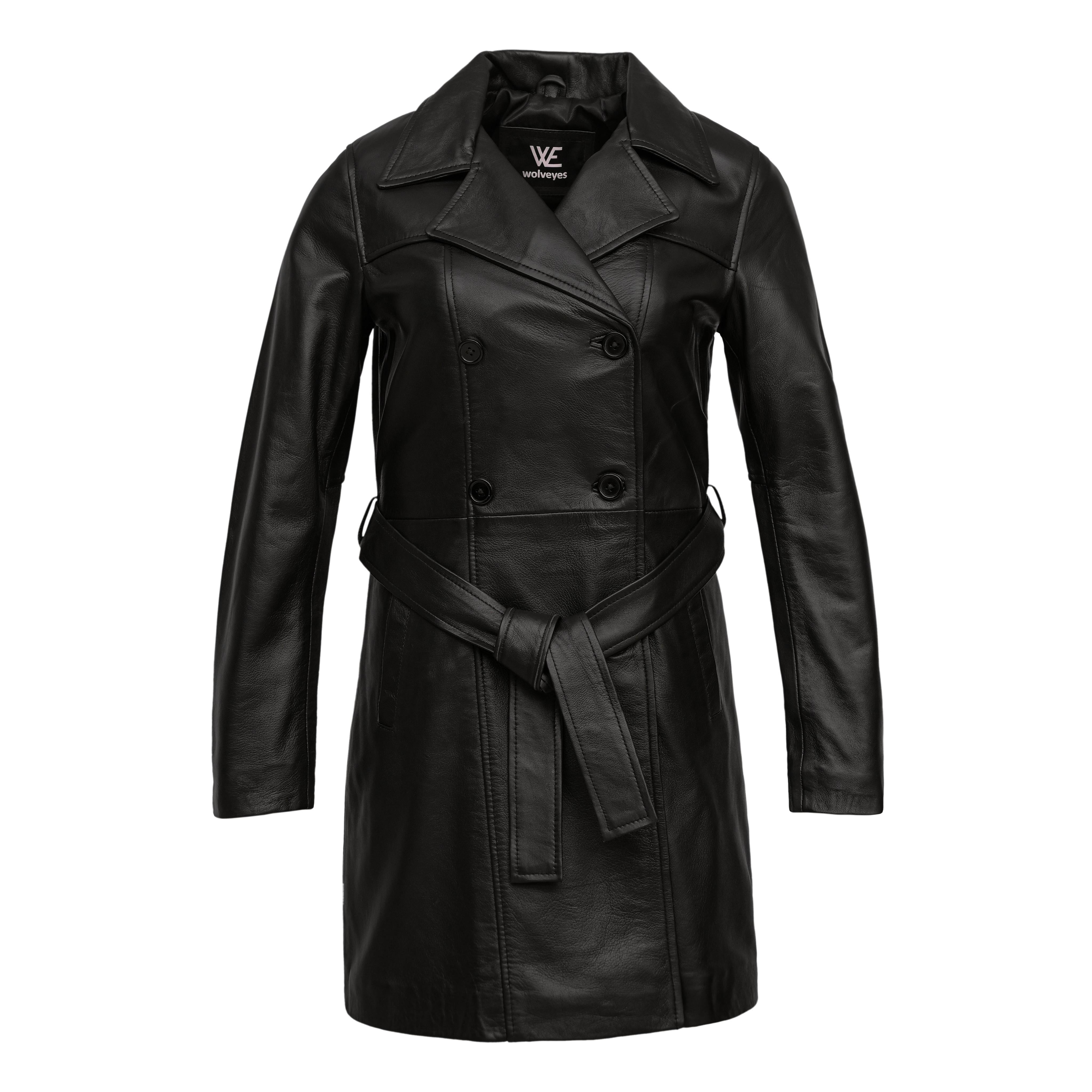 Women’s Premium Loose Fit Black Real Leather Long Trench Coat – Elegant Oversized Parka Style Overcoat Jacket