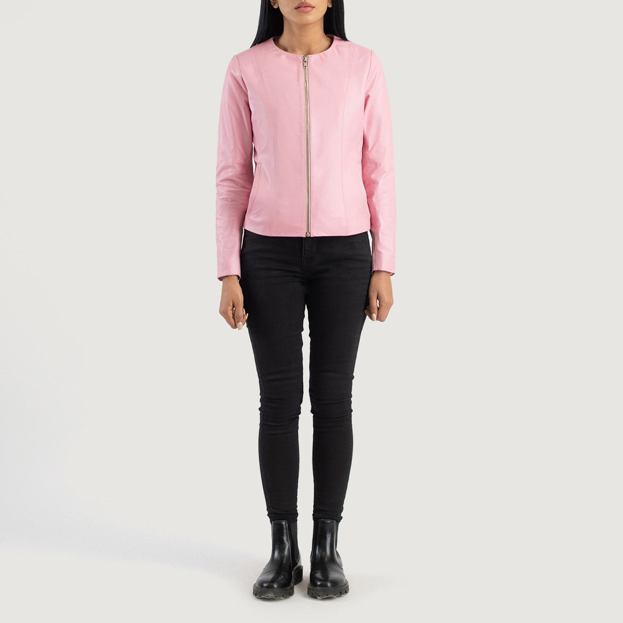 Elixir pink collarless leather jacket front view