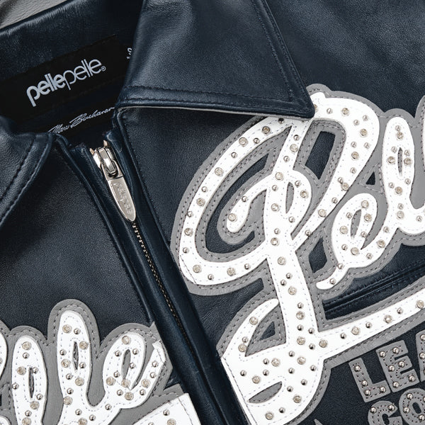 Men's Pelle Pelle Navy Blue Varsity Jacket – Premium Cowhide Leather with Crystal Studded Logo & Striped Sleeves