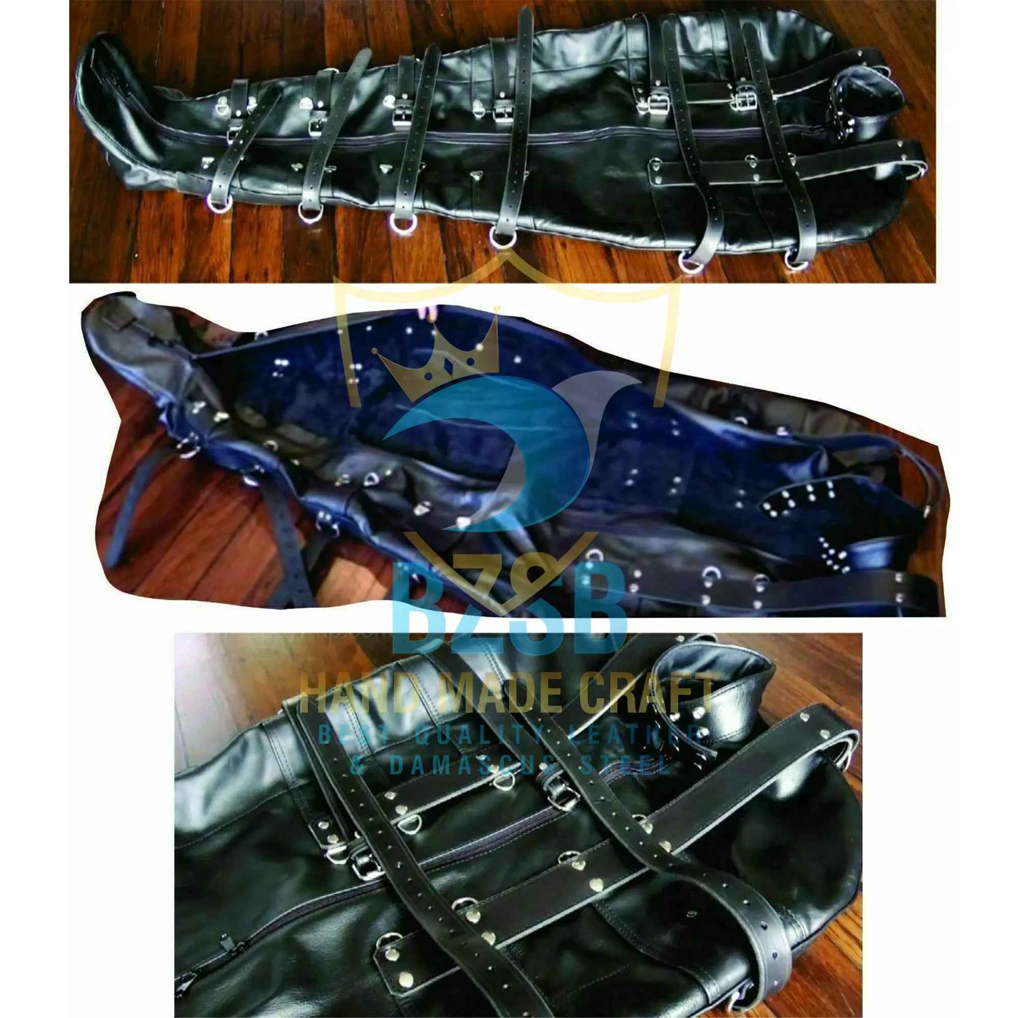 Full-length leather body bag by Leather Taboo detail