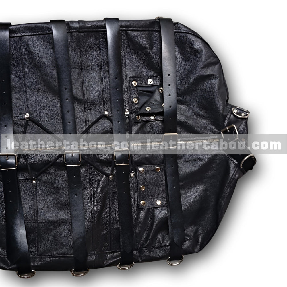 Long structured leather restraint bag with full enclosure design and multiple adjustment points for secure positioning
