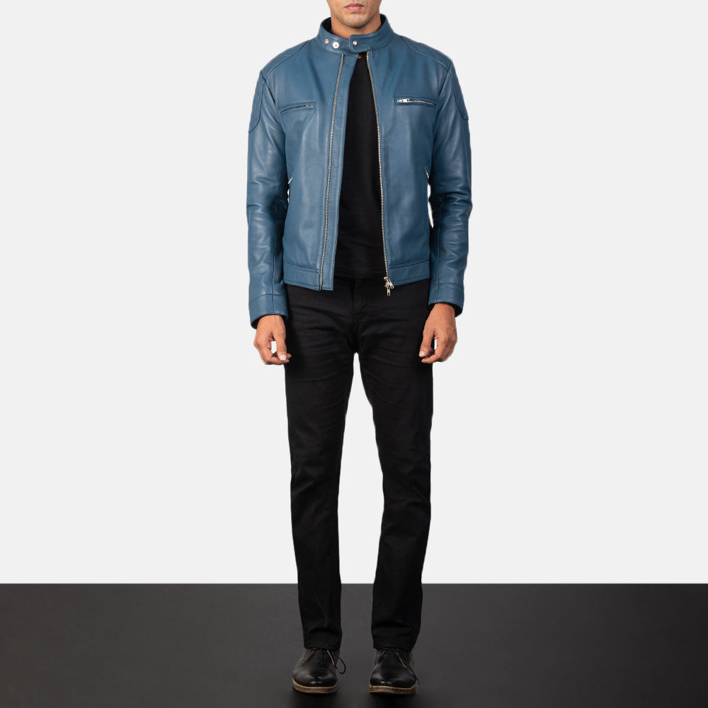 Gatsby blue leather biker jacket front modern style look