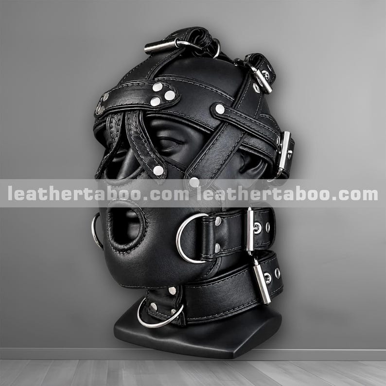 Genuine leather hood mask side view with adjustable buckle and rivets by Leather Taboo