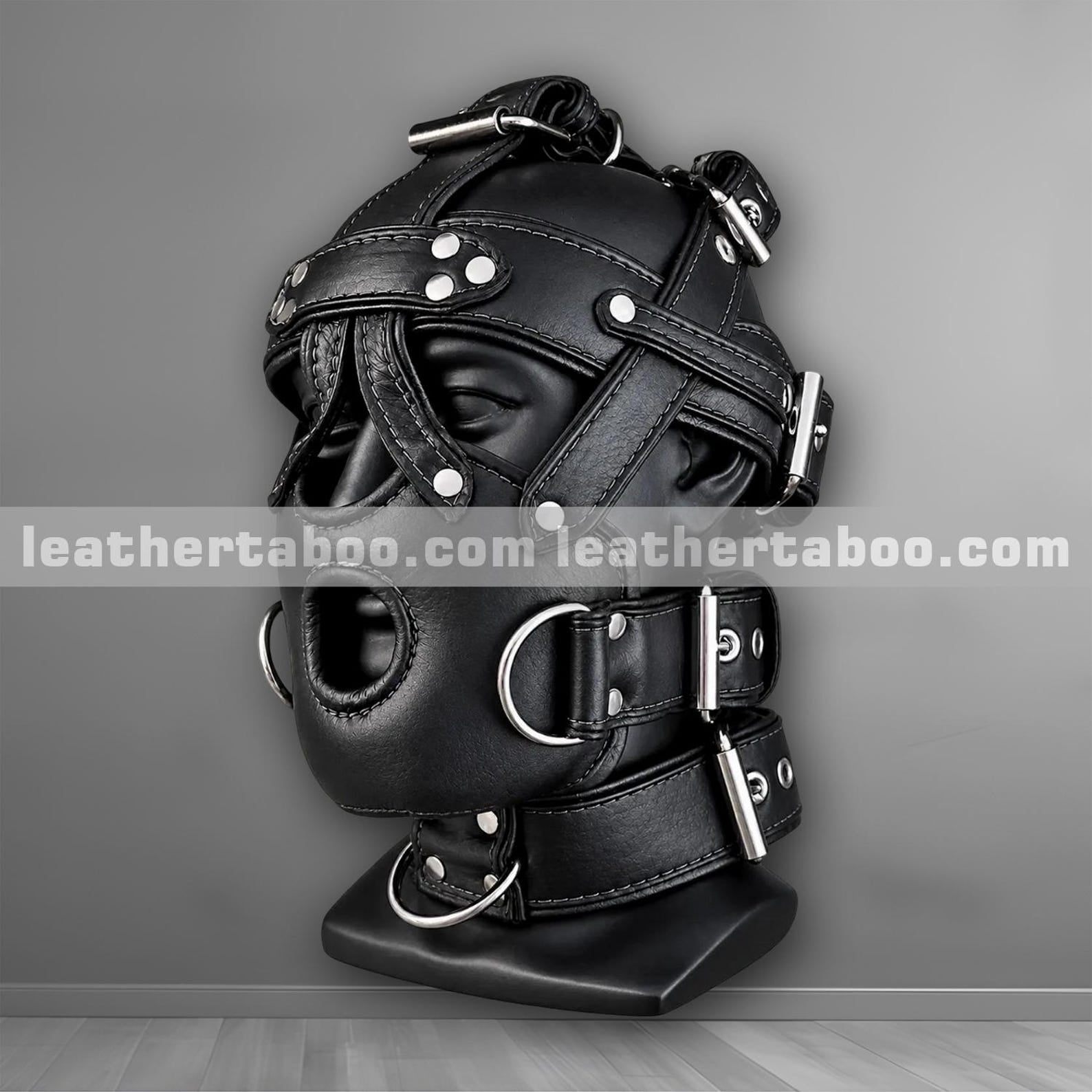 Genuine Leather Hood Mask with Adjustable Straps, Buckles & D-Rings – Handmade Black Leather Bondage Hood