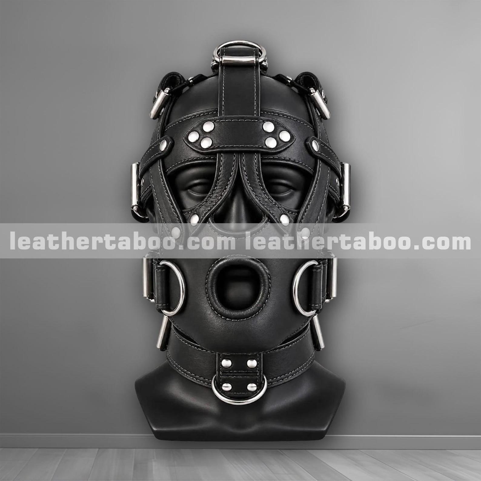 Back of genuine leather hood mask with crown D-ring, three adjustable buckle straps and eyelets