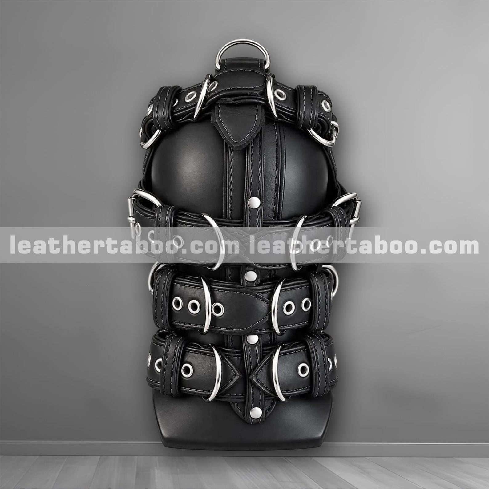 Genuine leather hood mask side view with adjustable buckle straps, D-rings and rivets by Leather Taboo