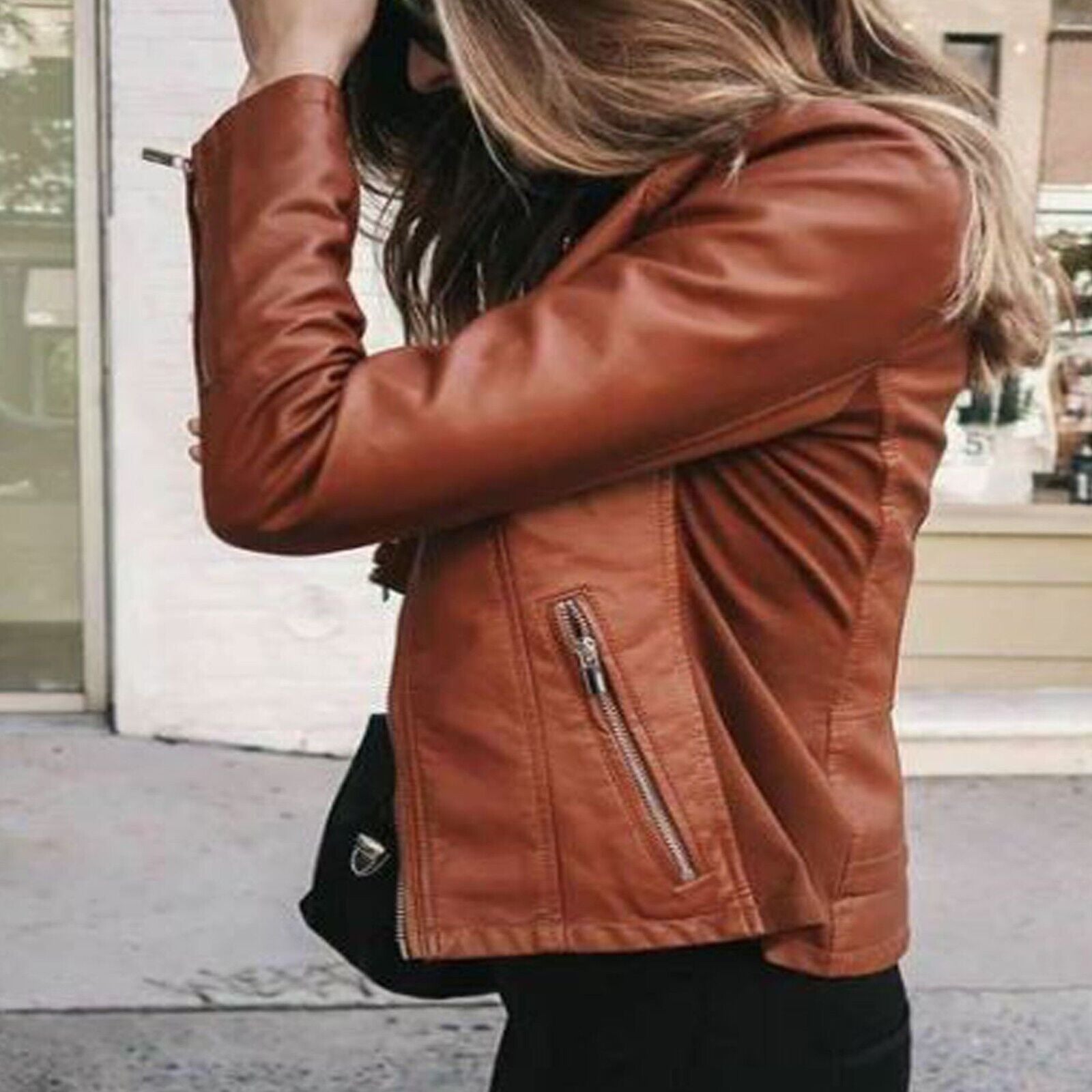 Genuine leather brown biker jacket streetwear outfit look