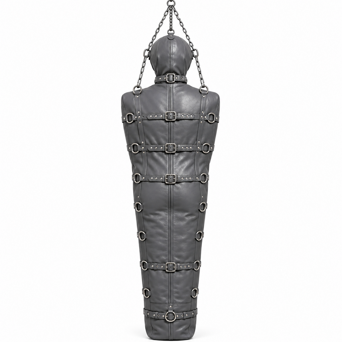 Gray leather cocoon body bag with hood section, buckle straps and rows of side D-rings, displayed vertically with chains against white.