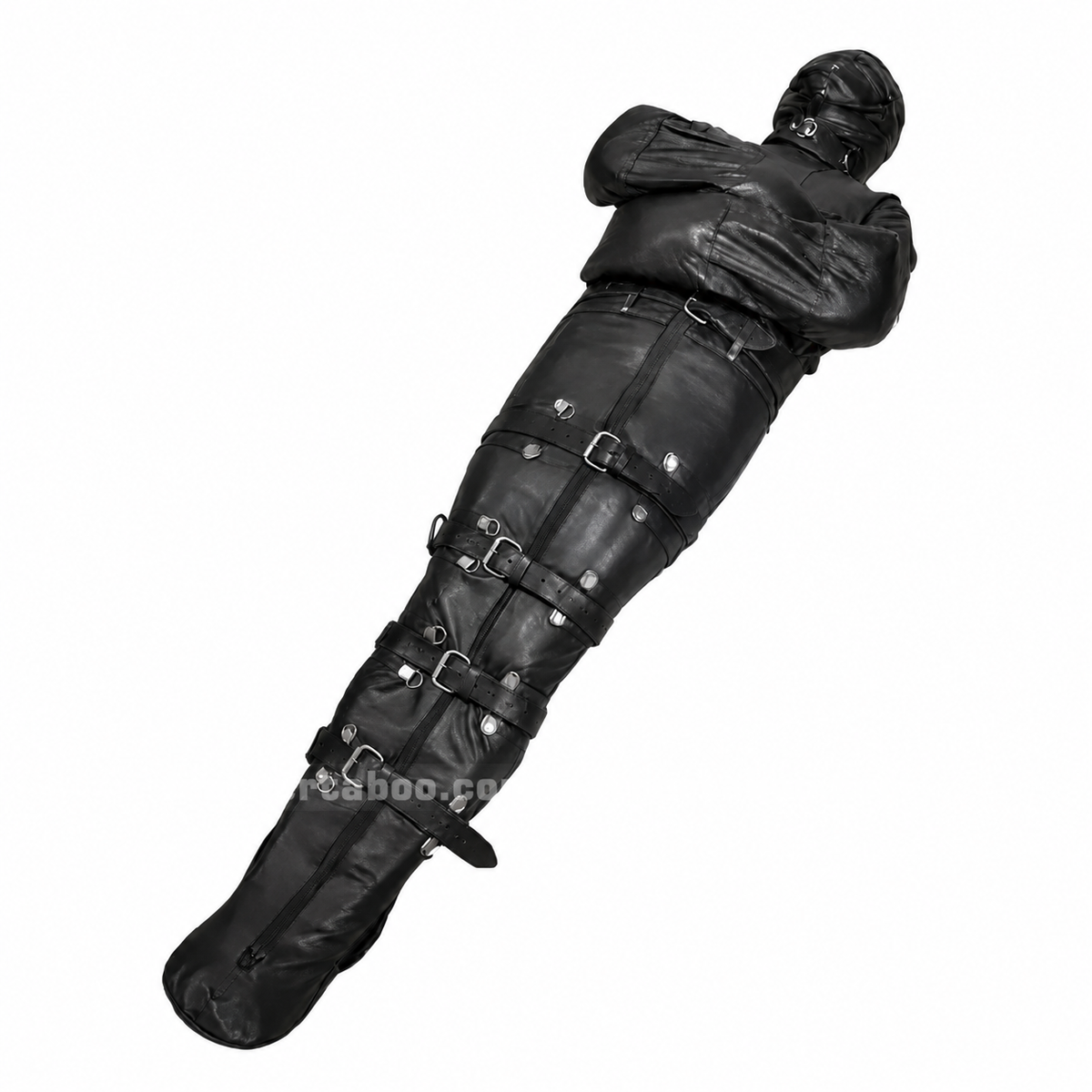 Handmade black genuine leather full body costume cover with hood, front zipper and buckled belt straps, photographed on a white background.