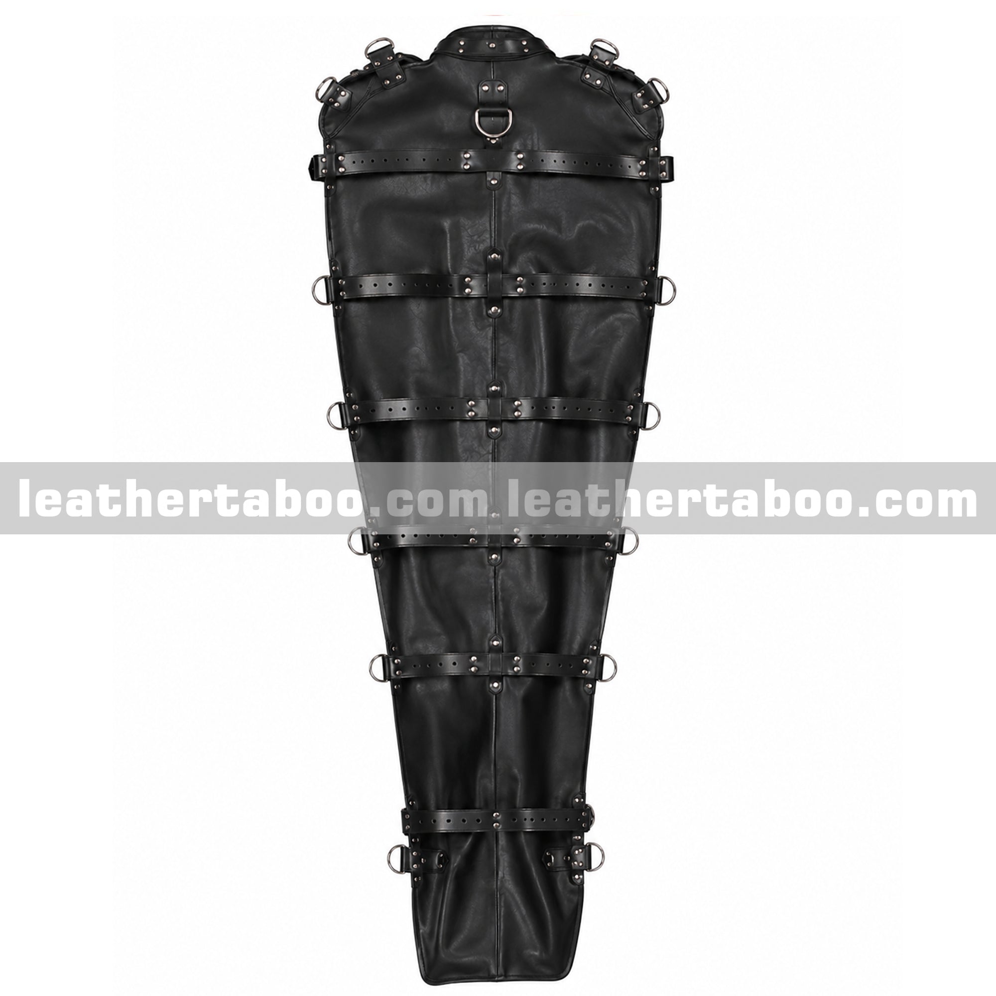 Handmade genuine black leather body sack with polished metal buckles and structured leather craftsmanship