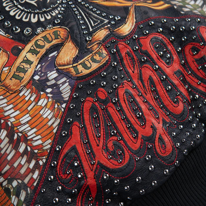 Custom High Rollers leather jacket with front zipper, colorful graphics, and premium streetwear style