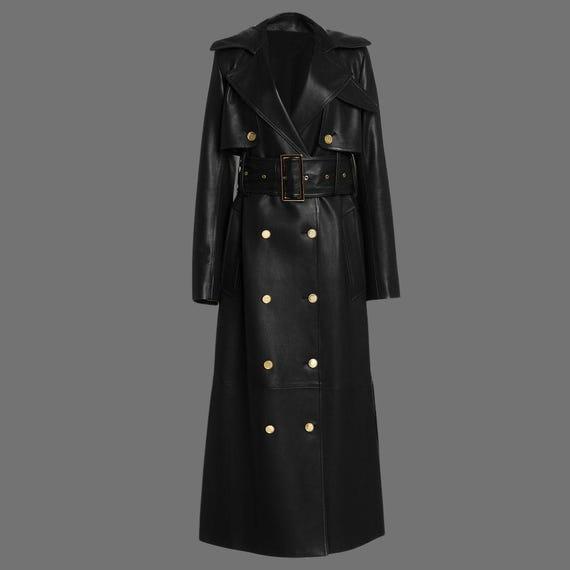 Premium Genuine Leather Gold Button Trench Coat