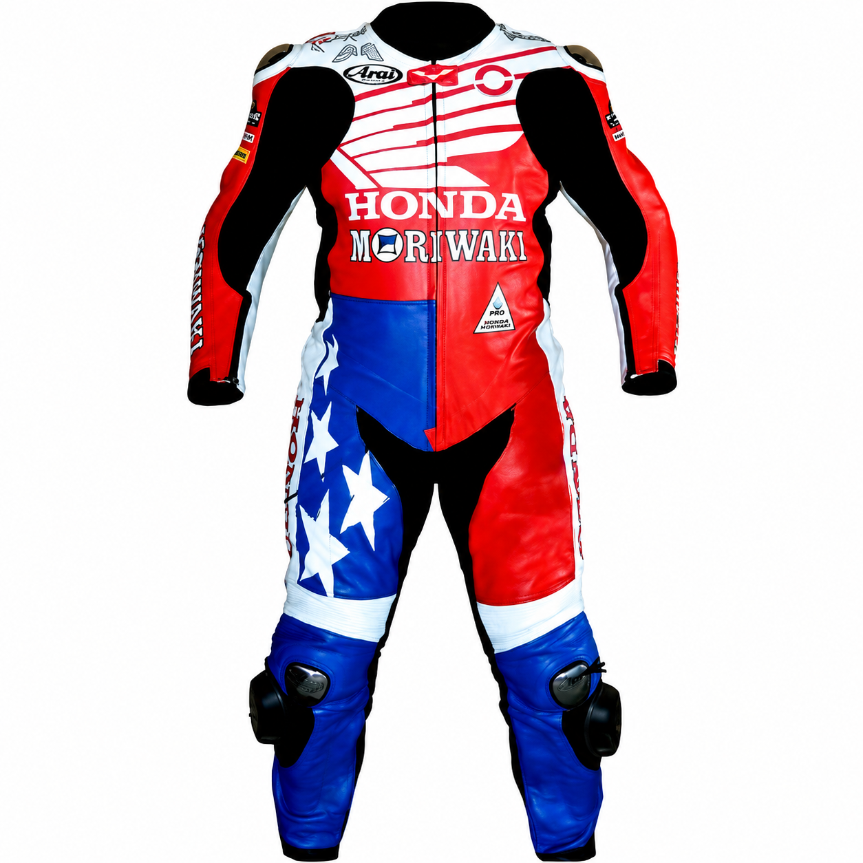 Honda Moriwaki MotoGP leather racing suit front view featuring premium cowhide leather, CE armor protection, and racing-inspired design