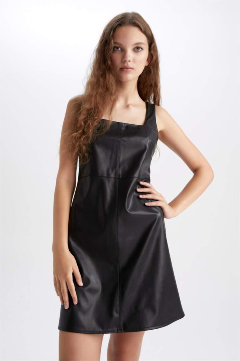 Women’s Genuine Lamb Leather Mini Dress (Checked Color Block Square Neck Wide Straps)