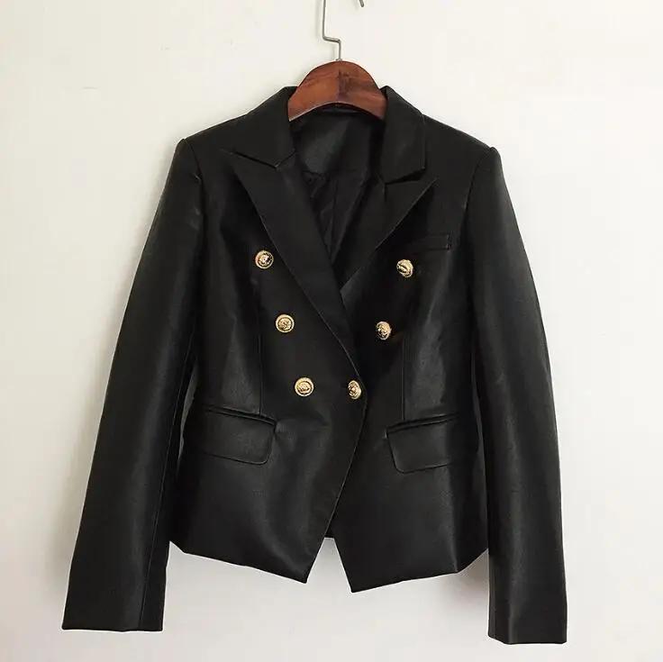 Women’s Handmade Double Breasted Leather Coat (Gold Button Casual Jacket)