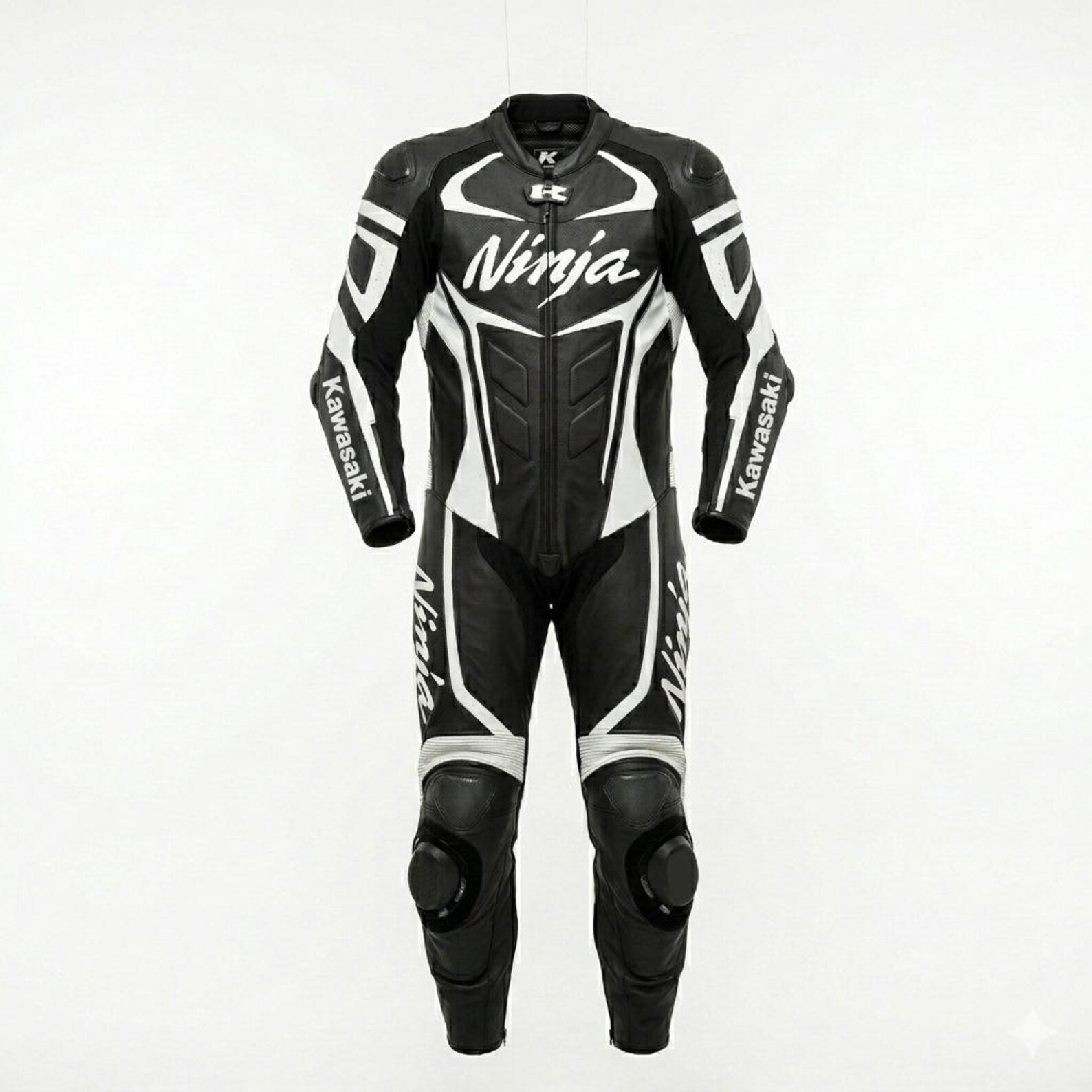 Kawasaki Ninja black leather racing suit for men with premium motorcycle protection and genuine leather design.