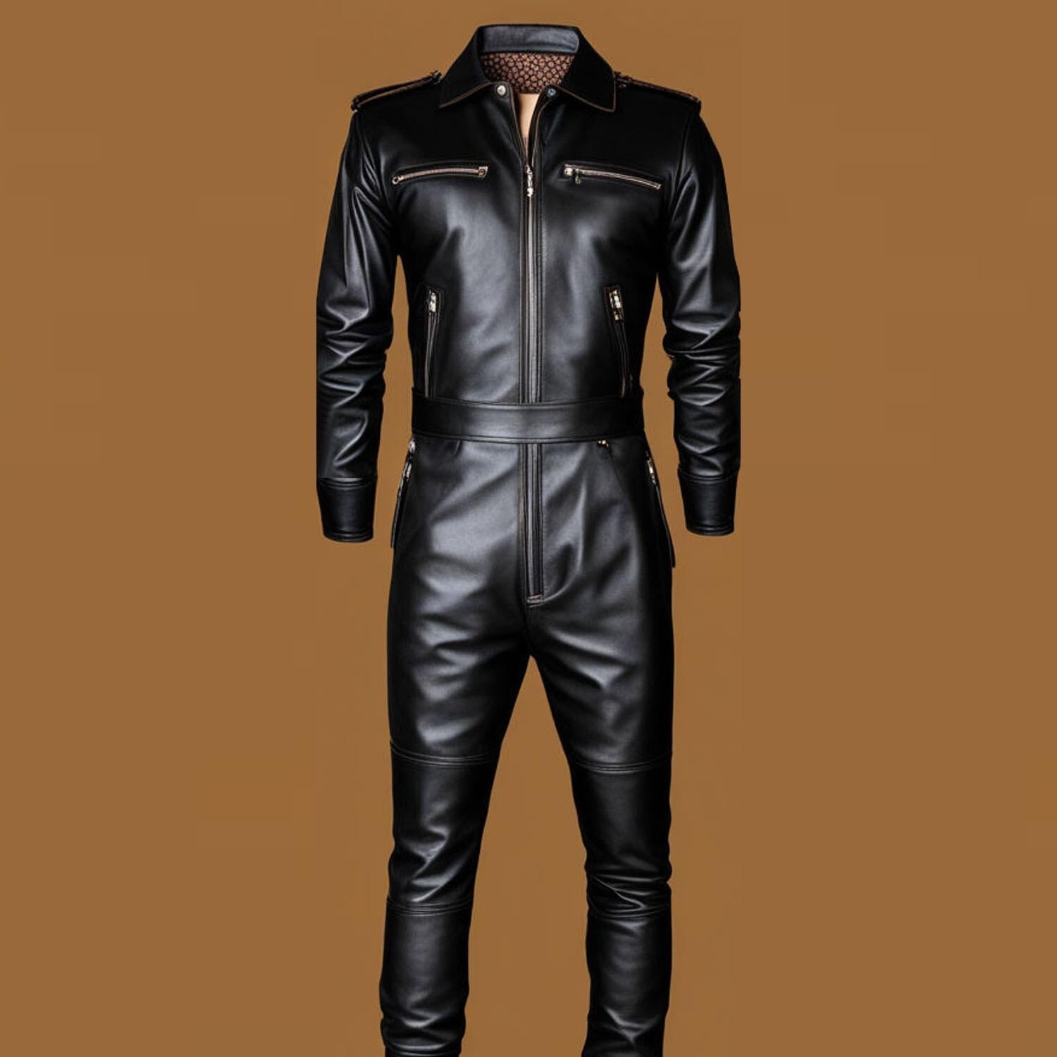 Genuine Sheepskin Leather Vintage Biker Jumpsuit Without Gloves
