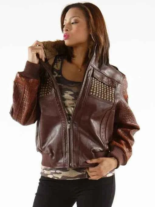Ladies Brown Leather Jacket Mb Bomber Pelle Pelle