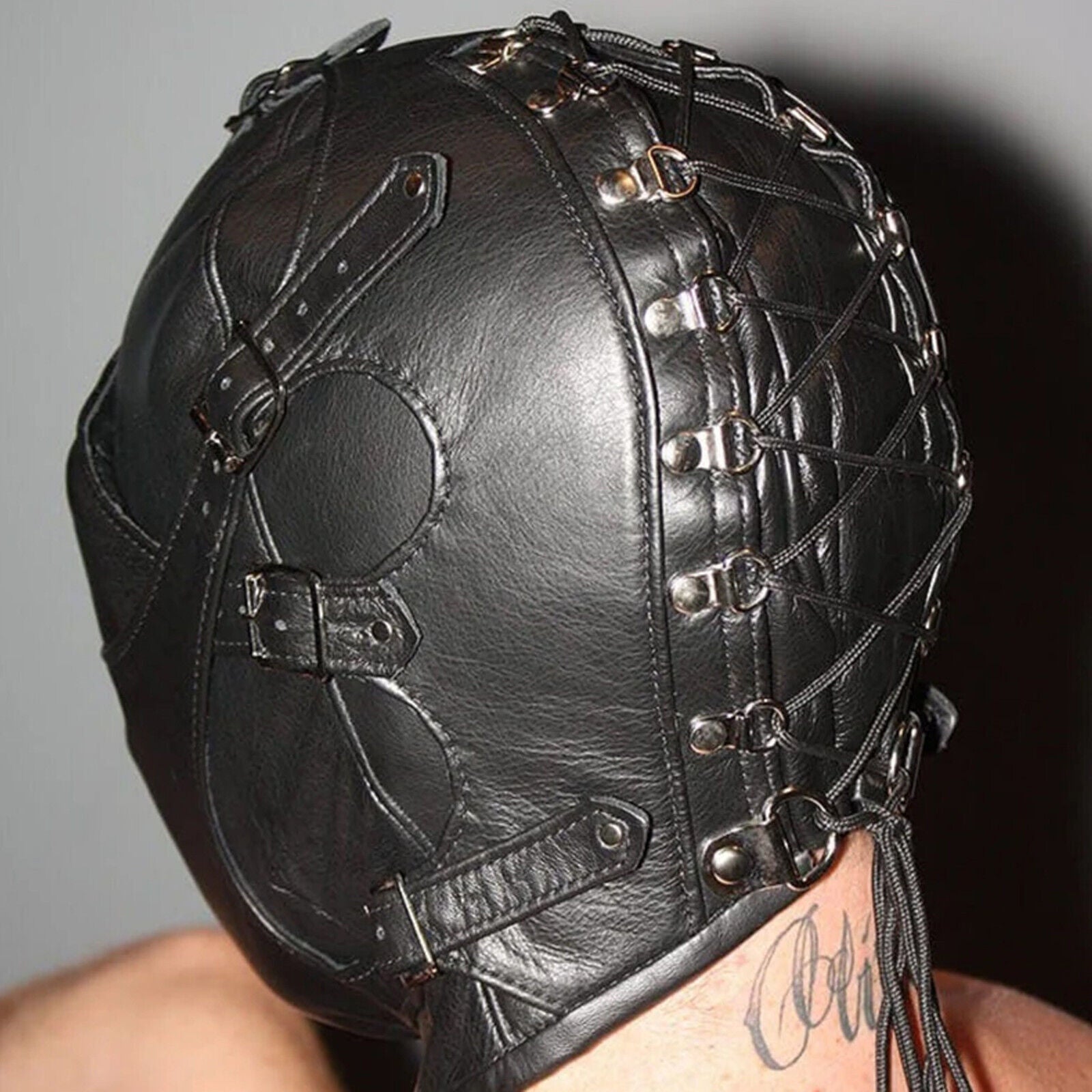 Leather hood mask with buckle straps and mouth cover detail
