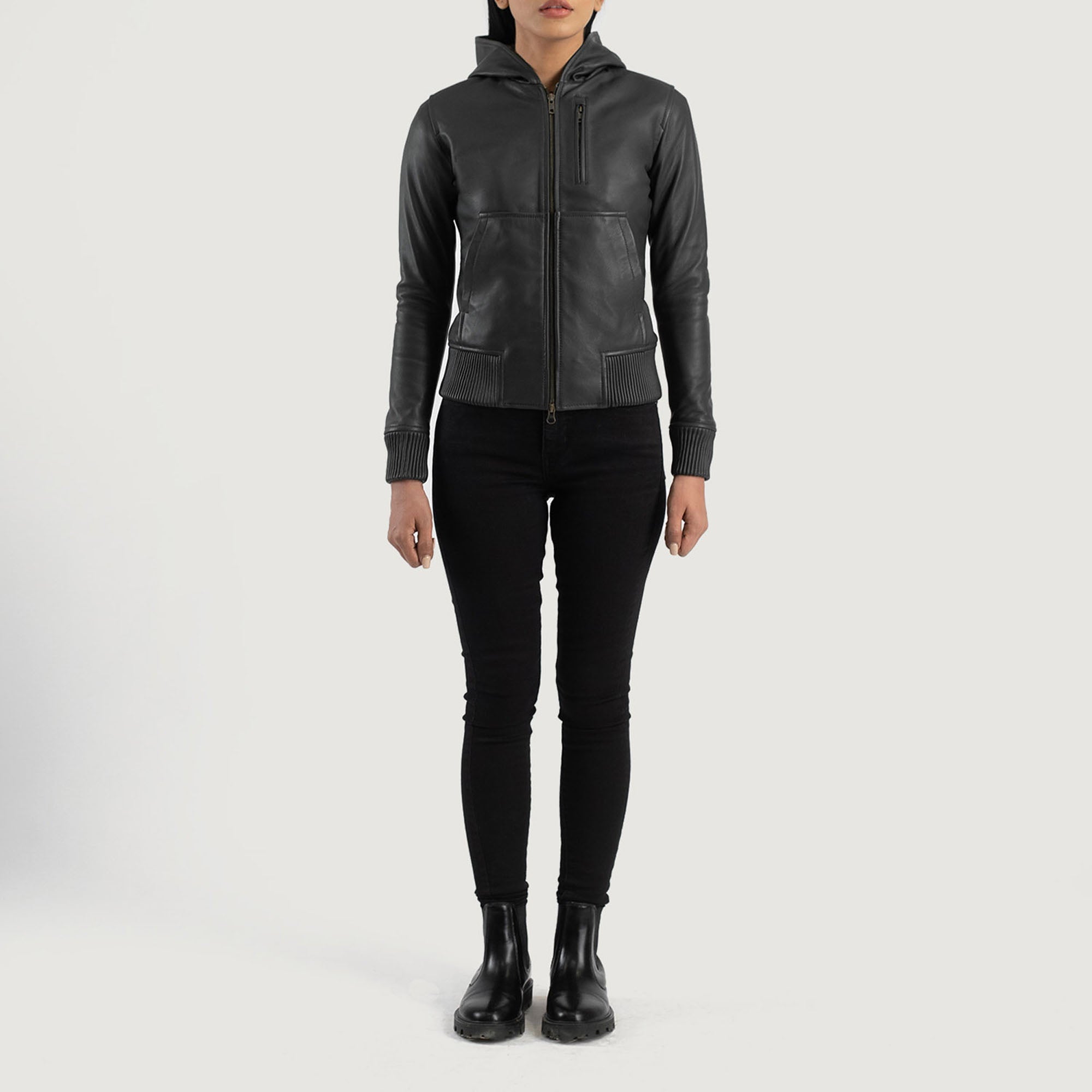 Luna black hooded leather bomber jacket front view