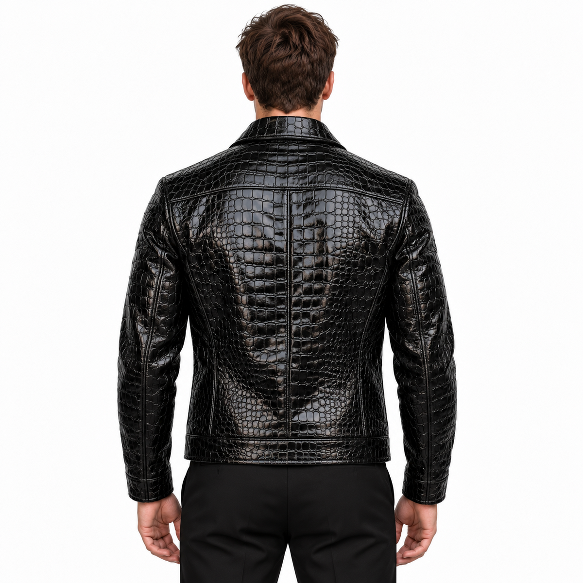 Back view of Mafia men's black crocodile-embossed leather jacket showing the glossy scale texture, shoulder yoke and central vertical seam.