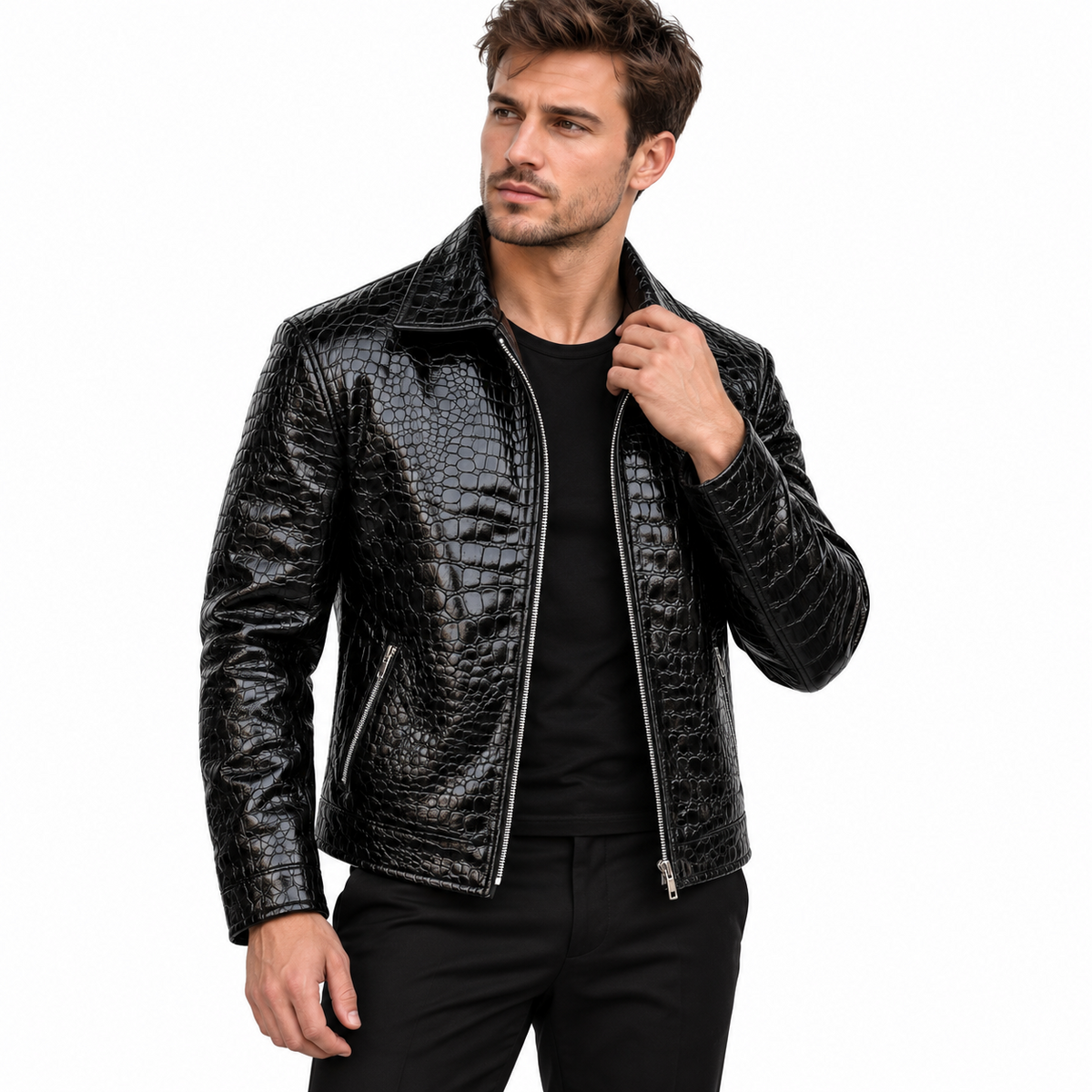 Front view of Mafia men's black crocodile-embossed leather jacket with a glossy scale pattern, pointed collar and metal zip-front closure.