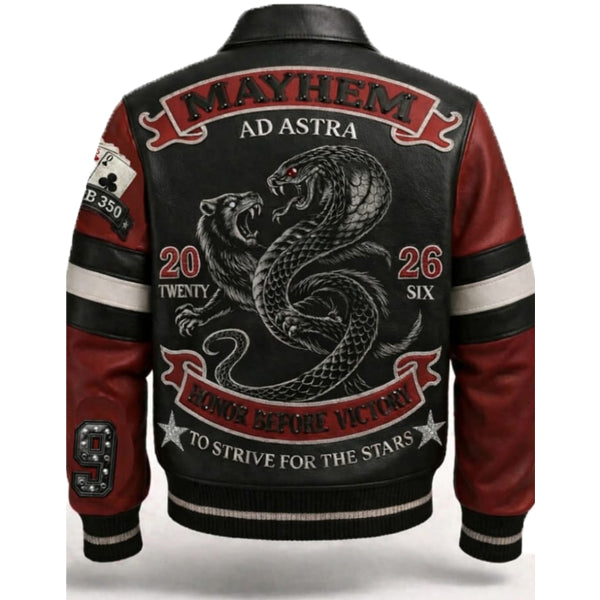 Mayhem Snake & Wolf Leather Varsity Jacket leathertaboo.com