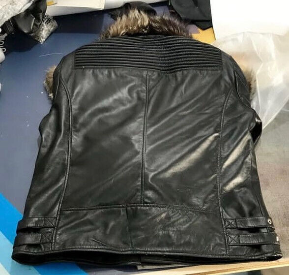 Men black leather motorcycle jacket with soft fur collar