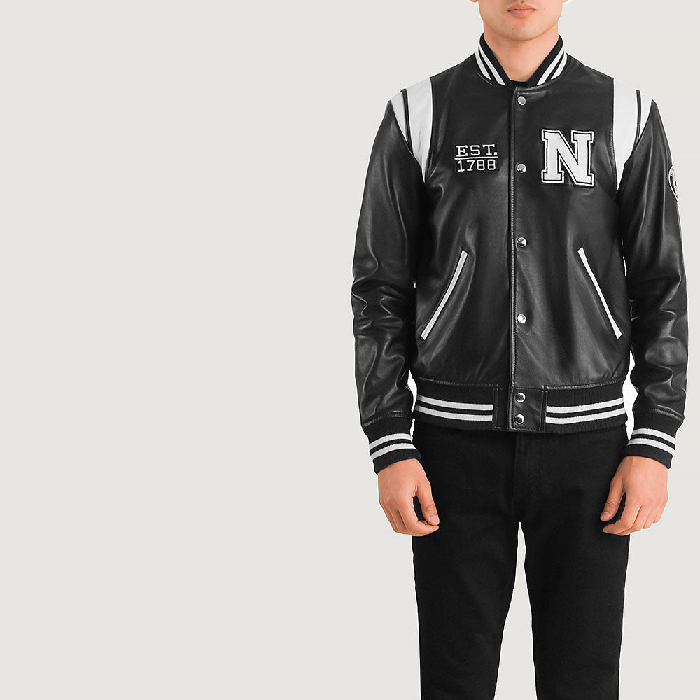 Men black leather varsity jacket stylish urban fashion NY