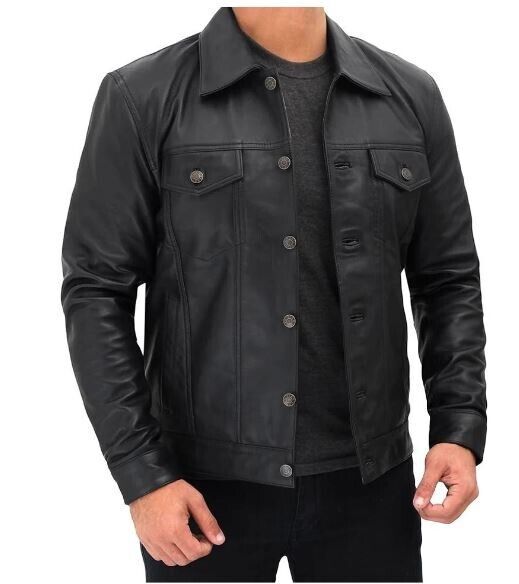 Men genuine lambskin leather jacket long sleeve black