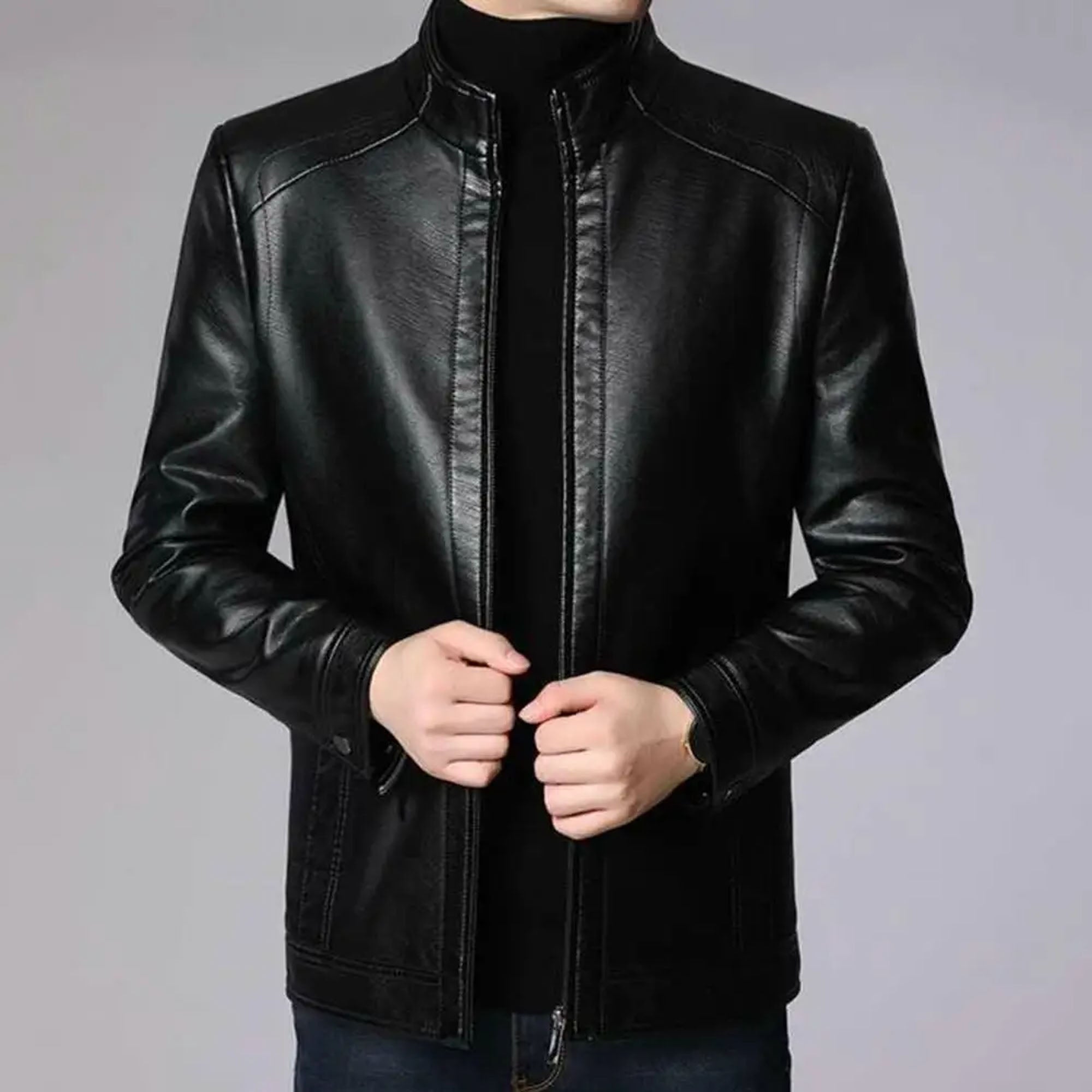 Men genuine leather biker jacket side pose riding outfit