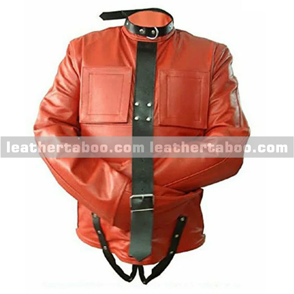 Men's red leather straight jacket with black buckle straps and premium genuine leather design for bold fashion styling