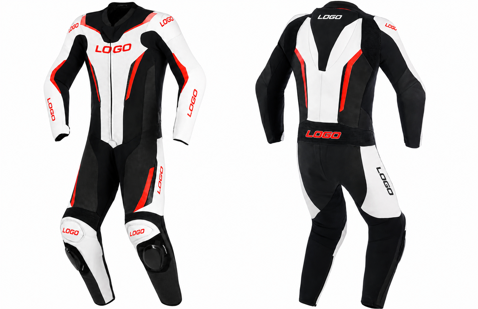 Front view of a black white and red one piece leather motorcycle racing suit with knee sliders, perforated panels and custom logo