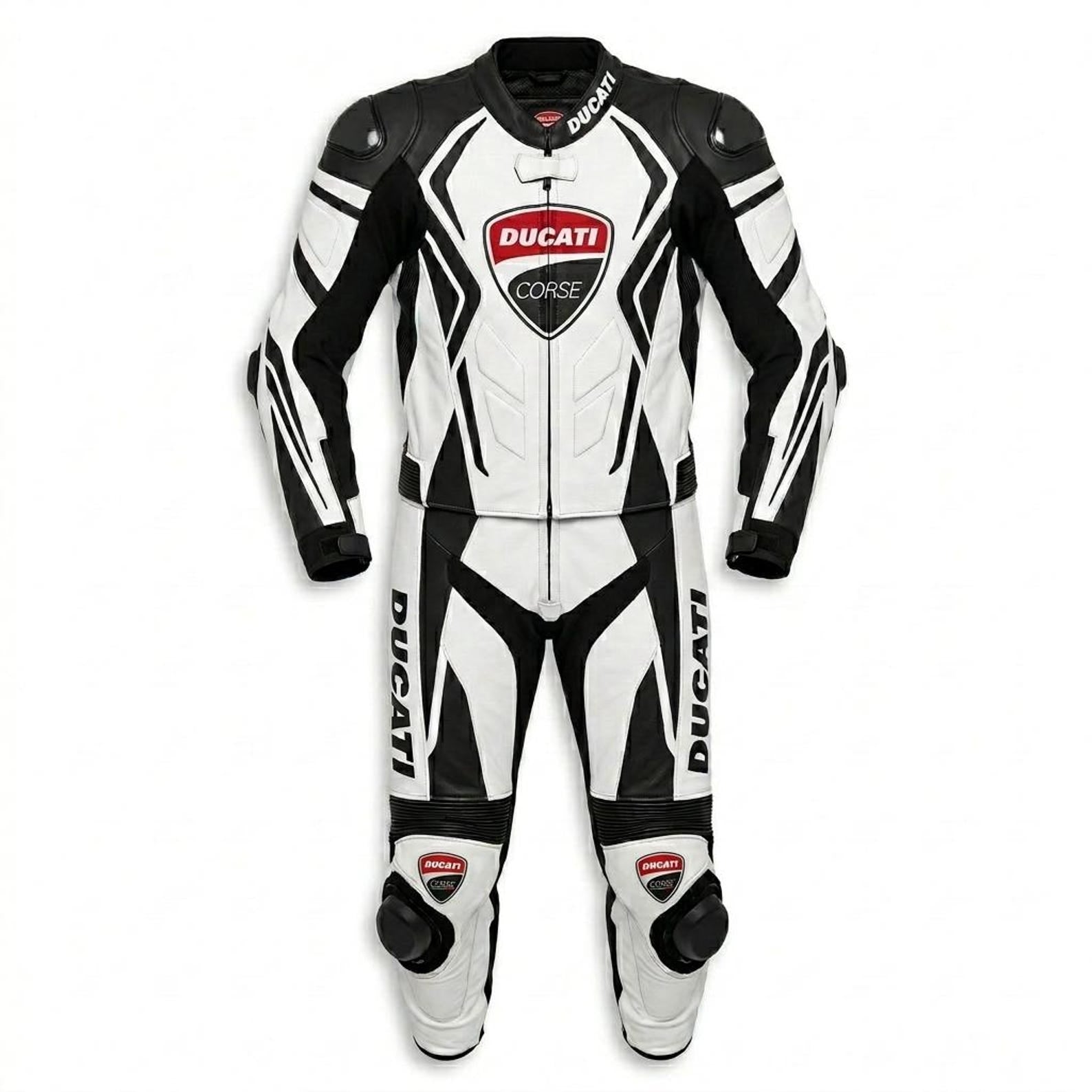 Men’s Ducati motorcycle racing suit featuring CE armor padding and aerodynamic biker design for track riding