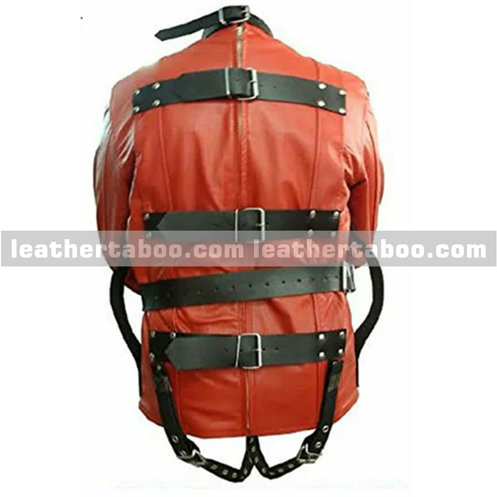 Red leather straight jacket for men featuring adjustable straps, high collar, and heavy-duty buckles.