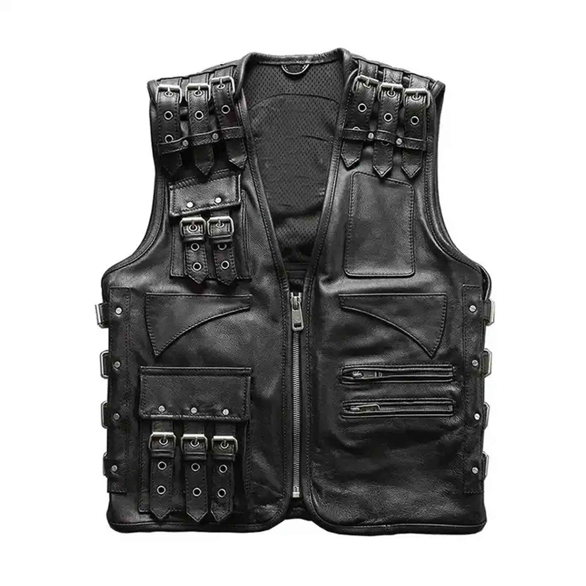 Men's designer leather biker vest front view