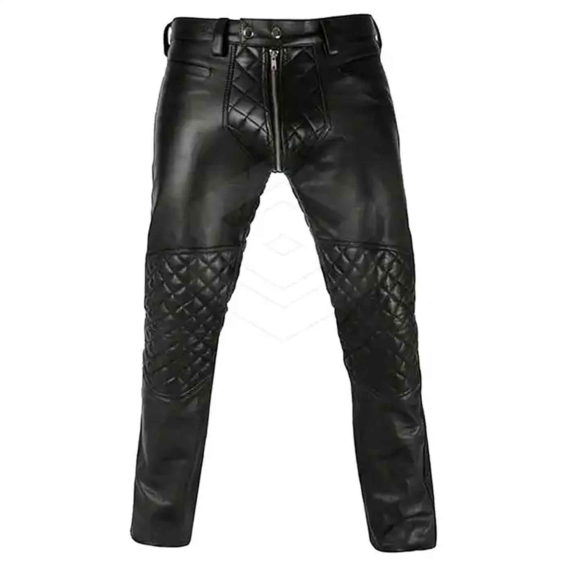 Men's genuine cowhide leather biker pants front view