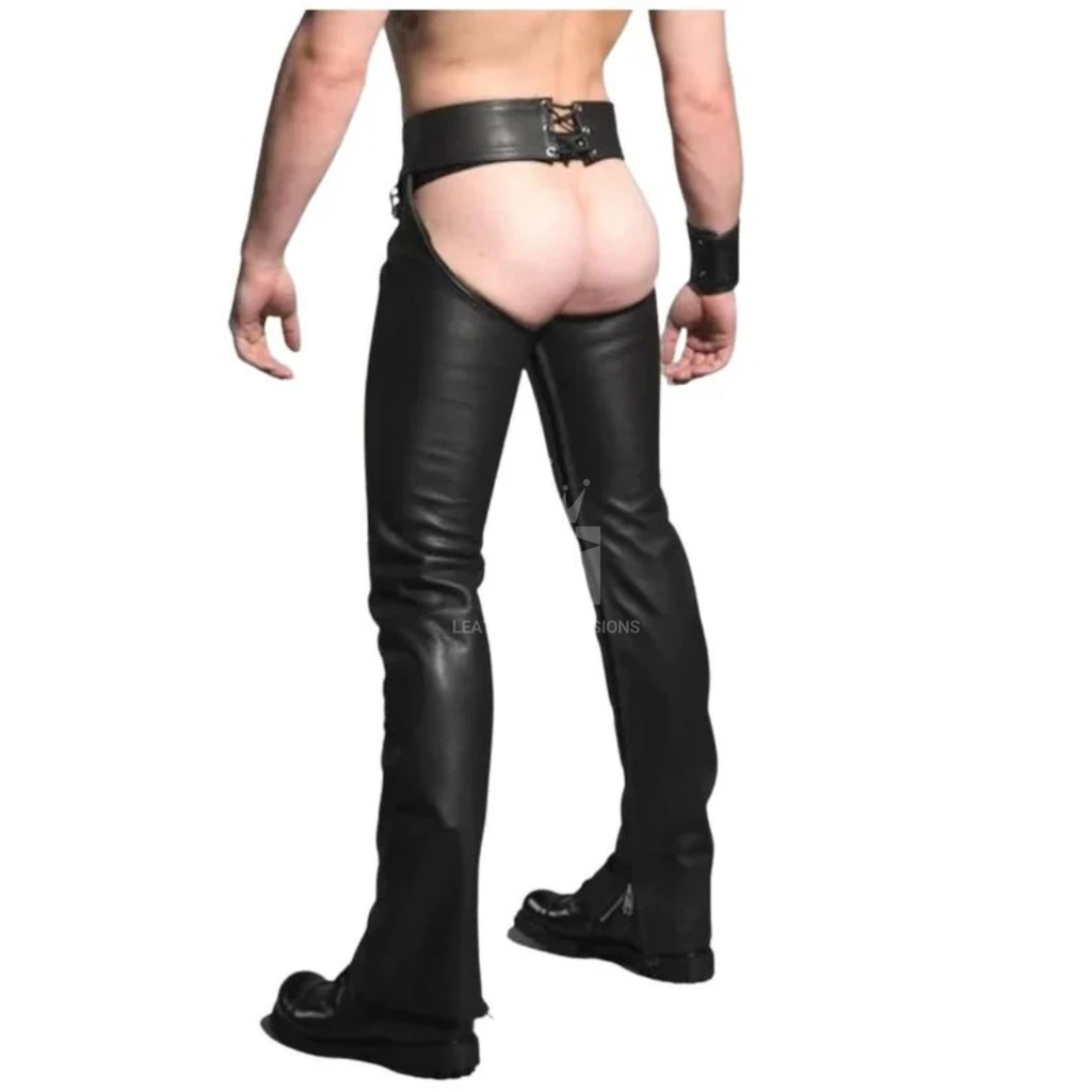 Rear view of men's black leather assless chaps with an open-seat cut, adjustable lace-up waistband and full-length black leg panels.