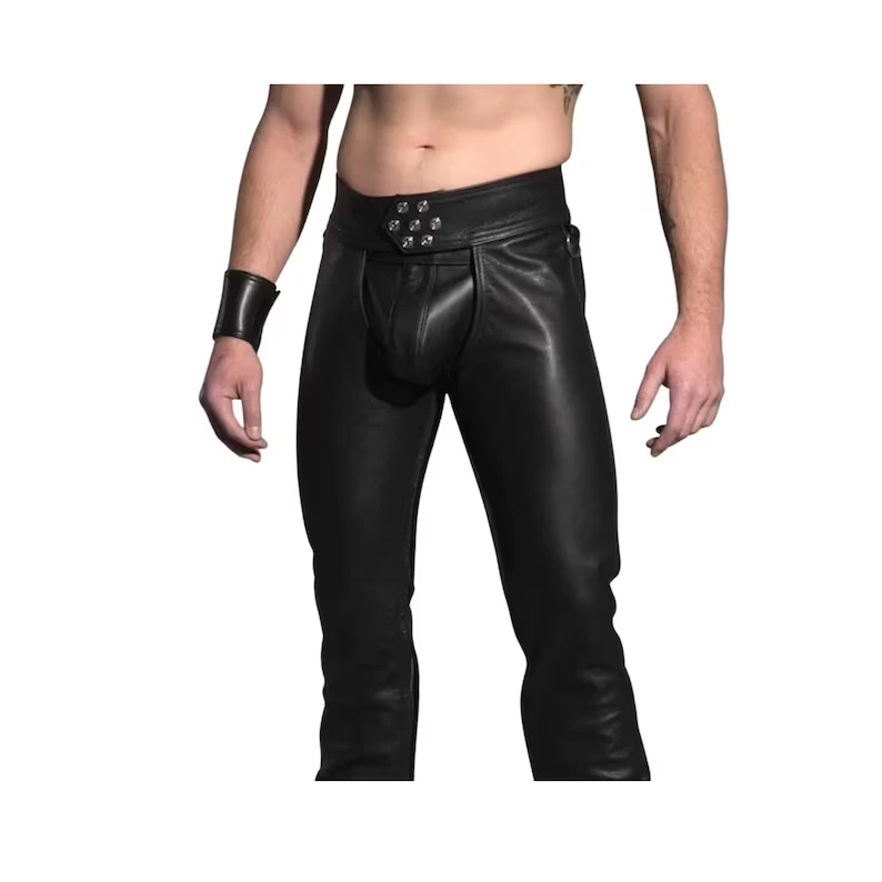 Front view of men's black leather assless chaps with a wide snap-fastening waistband, fitted leg panels and silver-tone hardware.