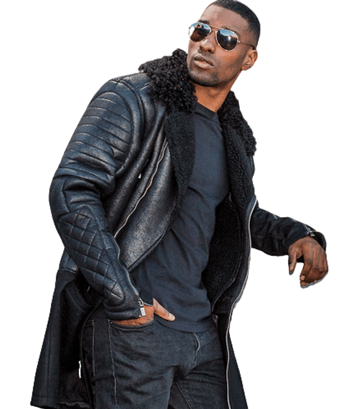 Men's black leather biker jacket, angled model view, showing a broad plush collar, asymmetric zipper, and contrasting quilted sleeve panels.